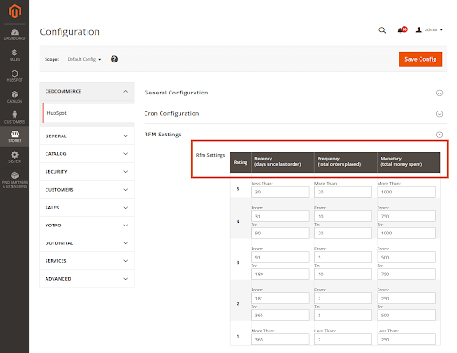 RFM settings Page - HubSpot Magento Integration